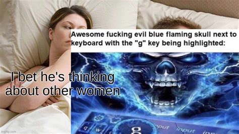 Awesome Fucking Evil Blue Flaming Skull Next To A Keyboard With The G