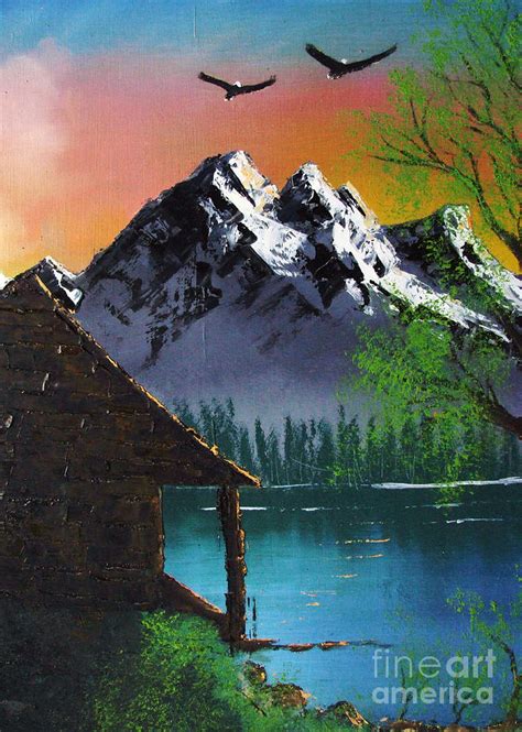 Mountain Lake Cabin W Eagles Painting By Marianne Nana Betts