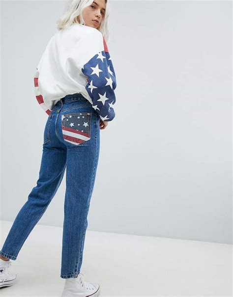 Pullandbear Usa Flag Mom Jeans Leotard Fashion High Waisted Baggy
