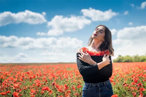 Portrait Of Beauty And Fashion Girl In Poppy Field Stock Photo Image