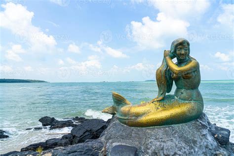 Golden Mermaid Statues On Samila Beach Landmark Of Songkla In Thailand