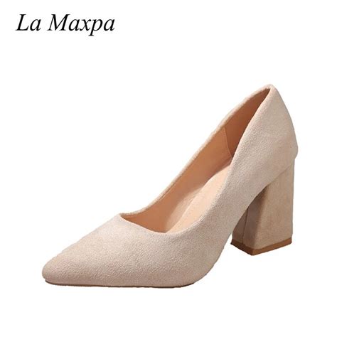 buy la maxpa nude high heels sexy office thick heels women shoes big size 35 41