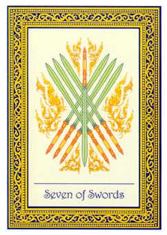 Mental projects that you have. Seven of Swords card from the Golden Thread Tarot Deck