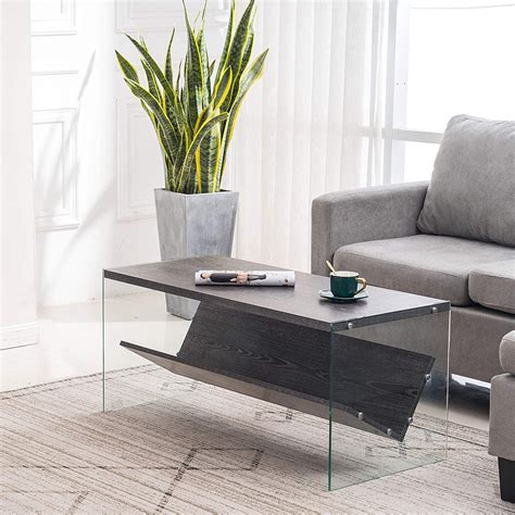 Ivinta Glass Coffee Table Modern Style With Storage Shelf Wood Finish Cocktail Table For