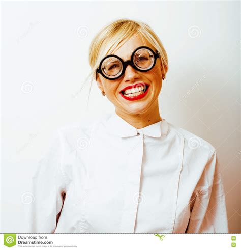 Bookworm Cute Young Blond Woman In Glasses Blond Hair Teenage Stock