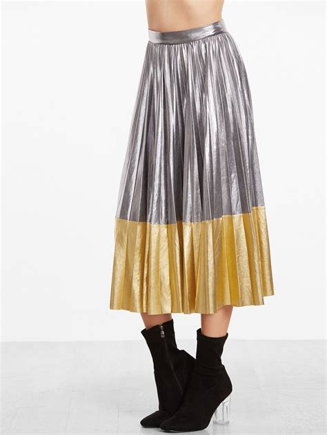 Metallic Contrast Pleated Midi Skirt Sheinsheinside