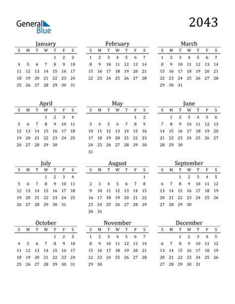2043 Calendar Pdf Word Excel