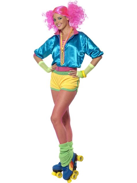 Ladies Skater Girl Costume Fancy Dress 70s 80s Neon Roller Disco Adult