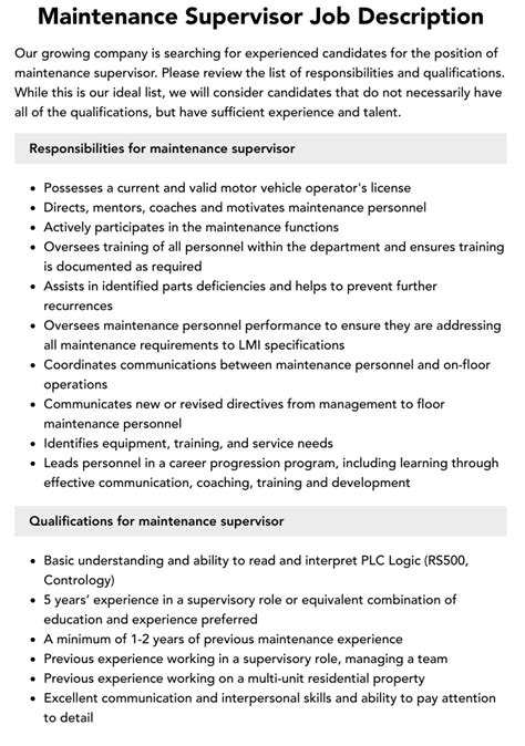 Maintenance Supervisor Job Description Velvet Jobs
