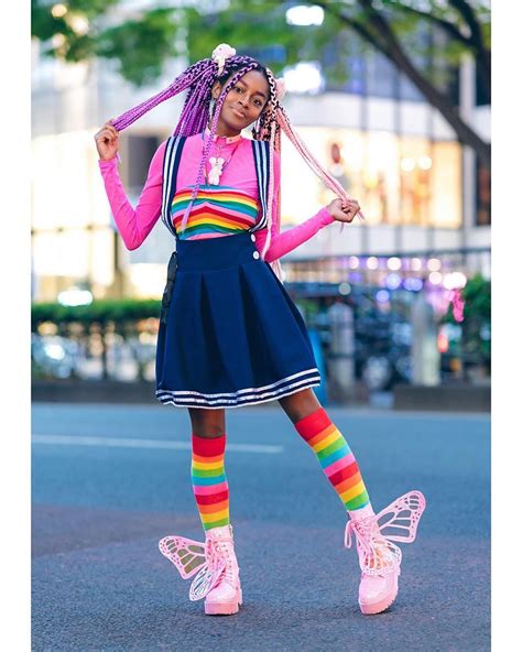 Tokyo Fashion Sierra Frokyo On The Street In Harajuku Wearing A Rainbow Top And Matching Ra