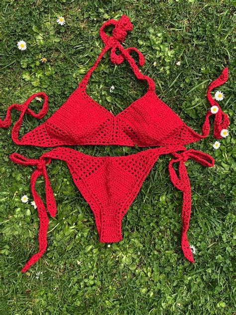 Two Pieces Red Crochet Brazilian Bikini Set Crochet Etsy