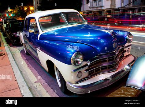 Blue White Classic Car Parked On Road In Miami At Night Stock Photo Alamy