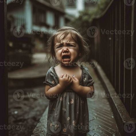 Ai Generative Little Child Girl Crying And Sad About An Empty Brick