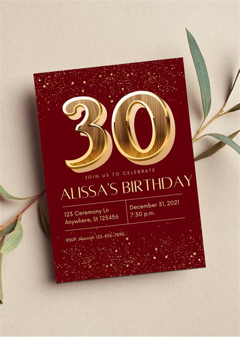 Editable 30th Birthday Party Invitation Burgundy And Gold Etsy