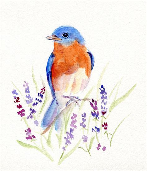 A Watercolor Painting Of A Blue Bird Sitting On Lavender
