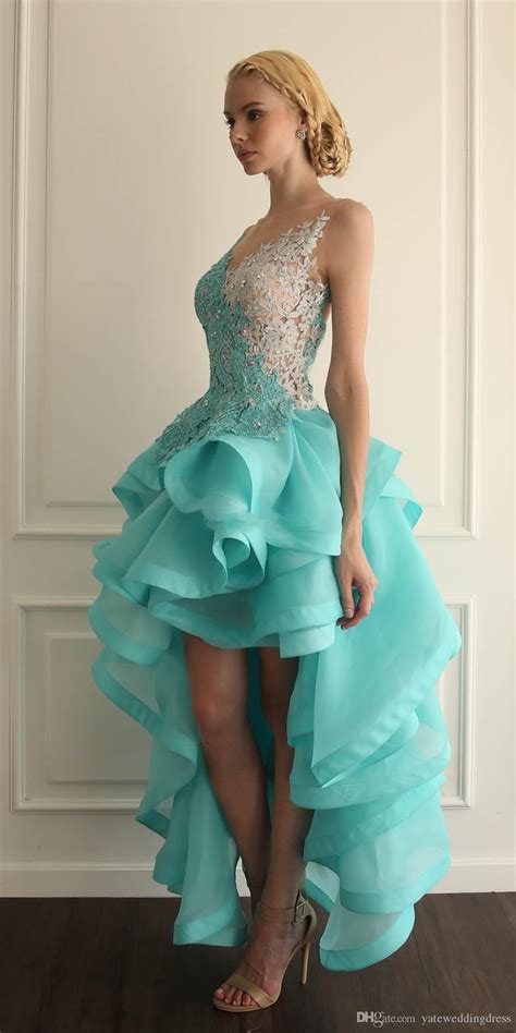 Jewel Sheer Neckline High Low Short Homecoming Dresses Turquoise Prom