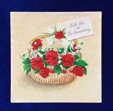 C1950 Hallmark Anniversary Greeting Card Red Roses In Basket Etsy