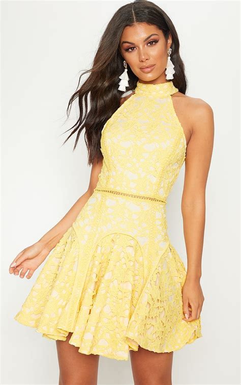 Bright Yellow Thick Lace High Neck Binding Detail Skater Dress Lace