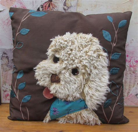 Beautiful Handmade Patchwork Applique Labradoodle Puppy Dog Cushion By