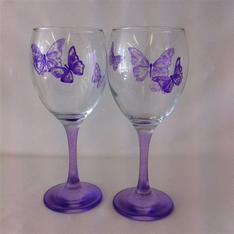 Hand Painted Butterfly Wine Glasses In Shades Of Purple