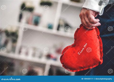 Handsome Man Holding Heart Shaped Pillow Stock Image Image Of Affair Love 109430111