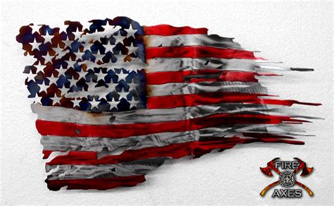 Usa Flag Battle Torn Firefighter Sign In Fluid Metal