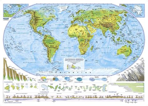 Mondo Politicofisico Con Aste Carta Geografica Murale
