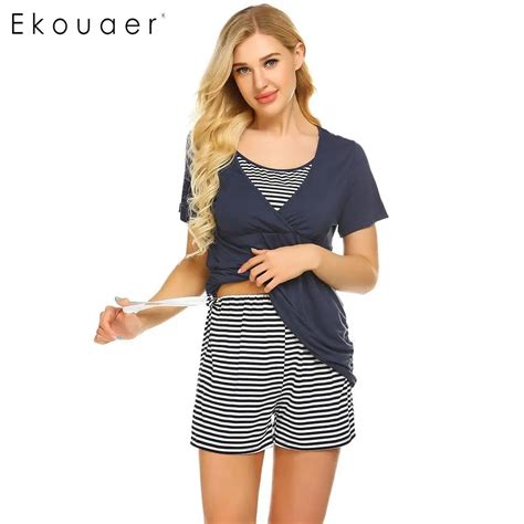 Ekouaer Women Sleepwear Maternity Pajamas Set O Neck Short Sleeve Pullover Top Shorts Loose
