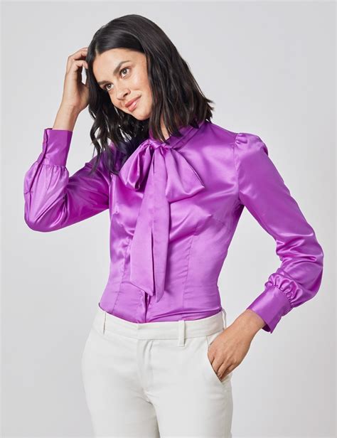 Plain Satin Women S Fitted Blouse With Single Cuff And Pussy Bow In Bright Purple Hawes And Curtis