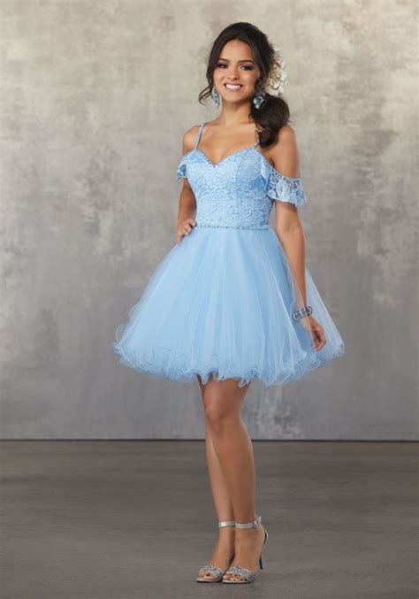 Lace And Tulle Party Dress With Beaded Trim And Cold Shoulder Sleeves Morilee Sexy
