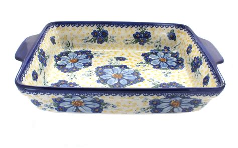 Blue Rose Polish Pottery Daisy Surprise Baker With Handles