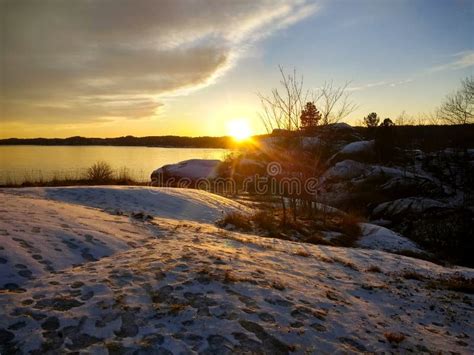 Scandinavian Sunset With Golden Light On Jetty Stock Photo Image Of