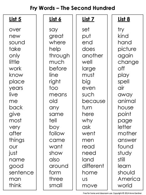First Grade Fry Sight Word List Printable