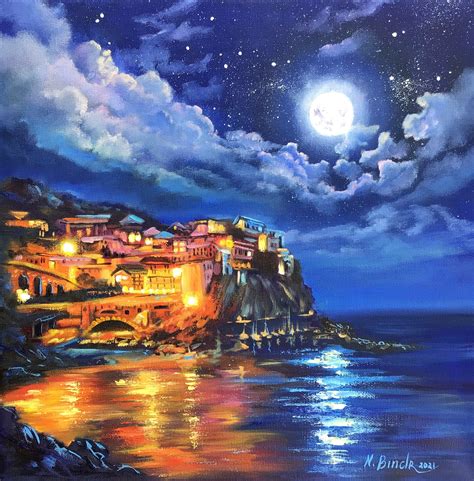 Mediterranean Painting Moon Original Oil Art Night Seascape Etsy