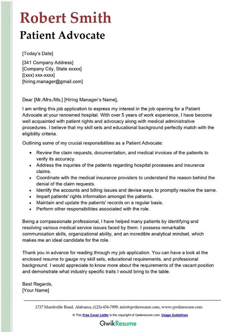Patient Advocate Cover Letter Examples Qwikresume