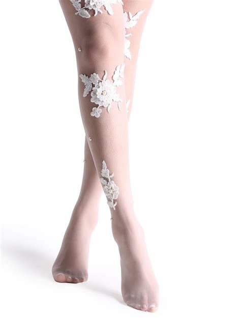 shop white floral embellished high stretch lace pantyhose stockings online shein offers white