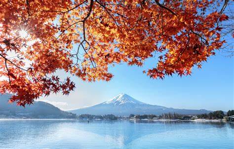 Обои осень небо листья Colorful Япония Japan Red клен гора