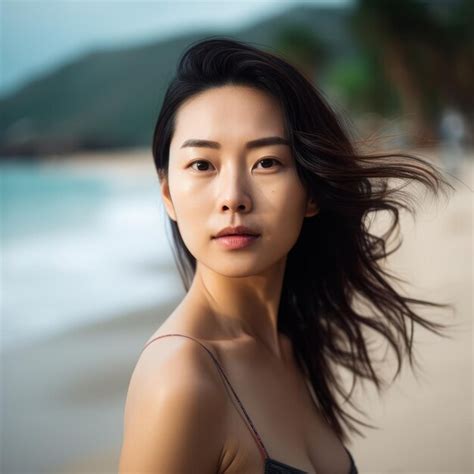 premium ai image portrait of an asian woman on tropical beach