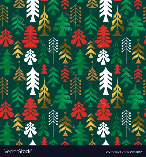 Christmas Gold Folk Pine Tree Art Seamless Pattern