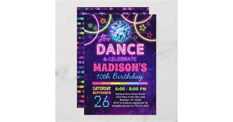 Dance Birthday Girls Neon Disco Dance Party Invitation Zazzle
