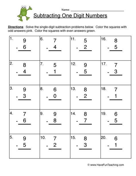 Subtracting 1 Digit Numbers Worksheet