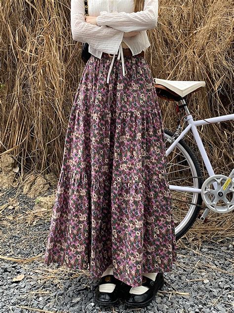 TIGENA Aesthetic Floral Print Maxi Skirt For Women 2023 New Autumn