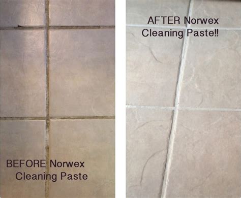 Remove at least 1/4 off the top of the grout knead tube of tile adhesive & grout filler to mix trim nozzle to desired bead size squeeze grout in tile joints where grout was removed fill joint completely then smooth with finishing tool or mildly damp sponge. Before & After - Norwex Cleaning Paste on grout! Courtesy ...