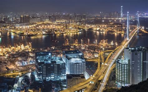배경 화면 아름다운 도시의 밤 홍콩 고층 빌딩 건물 도로 조명 1920x1200 Hd 그림 이미지