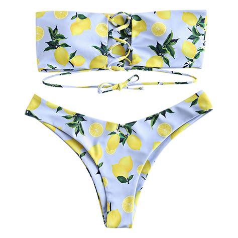 Zaful Lemon Print Bikini 2019 Lace Up Bandeau Bikini Set Strapless