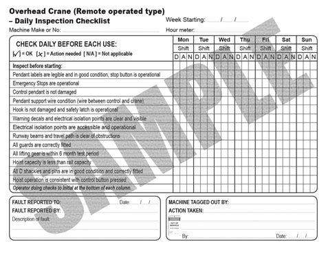 Pre Start Daily Inspection Checklist For Overhead Cranes Remote Operated