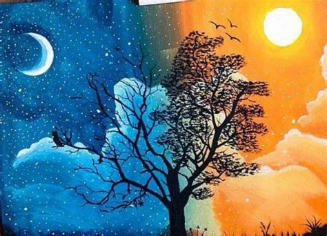 Night And Day Tree Moonlight Painting Diy Canvas Wall Art Tree Art