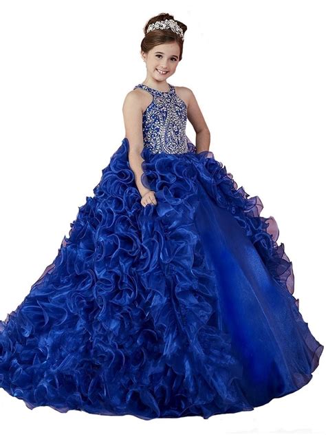 Princess Royal Blue 2020 Girls Pageant Dresses Organza Ruffle Crystal
