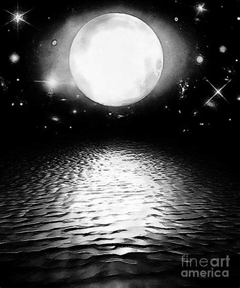 Black And White Full Moon In The Night Sky Over The Ocean Digital Art