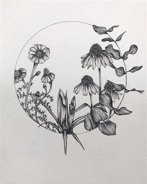 Ink Drawing Flower Circle Wildflower Tattoo Circle Tattoos Circle